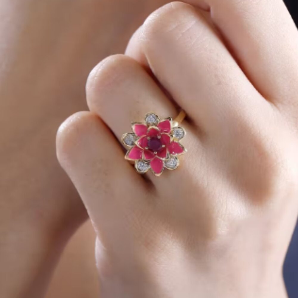Rare and Unique Niassa Ruby (FF) and White Zircon 0.50 ctw, Enameled Floral Ring - Picture 5 of 6
